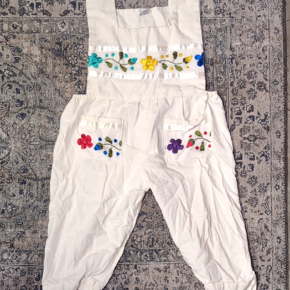 Kids Size 6 Vintage White Jumpsuit Overalls with Colorful Floral Embroidery